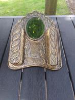 Antieke borstelhouder met spiegeltje hout met koper, Antiek en Kunst, Ophalen, Rond, Minder dan 50 cm