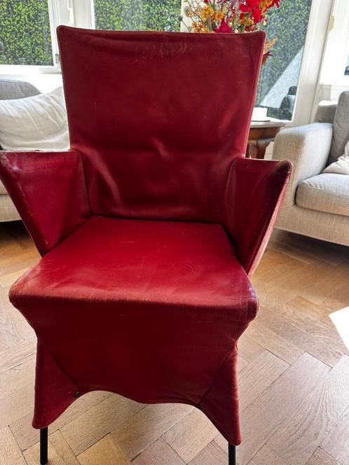 Prachtige design eetkamerstoeken Label Gerard van den Berg, Huis en Inrichting, Stoelen, Gebruikt, Vier, Leer, Rood, Ophalen