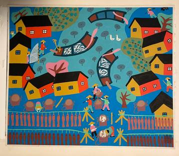  “Kleurrijk vissersdorp – handgeschilderde gouache beschikbaar voor biedingen