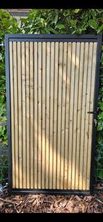 Nieuw moderne tuinpoort lijnprofiel, zwart staal, hout poort, 100 tot 150 cm, Nieuw, Ophalen of Verzenden, Draaipoort