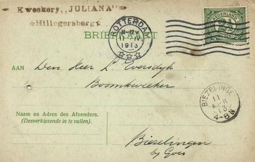 Kweekery Juliana, Hillegersberg - 04.1913 - briefkaart - 191, Postzegels en Munten, Brieven en Enveloppen | Nederland, Briefkaart