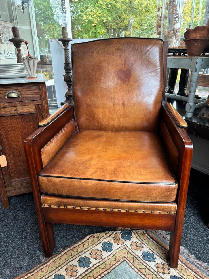 Schapen leder fauteuil carlotte antiek en brocante, Huis en Inrichting, Fauteuils, Gebruikt, Hout, 50 tot 75 cm, 75 tot 100 cm