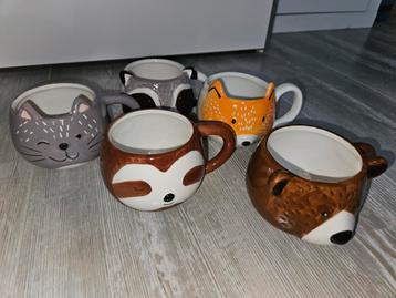5x nieuwe dieren mokken bekers animals cat bear beschikbaar voor biedingen