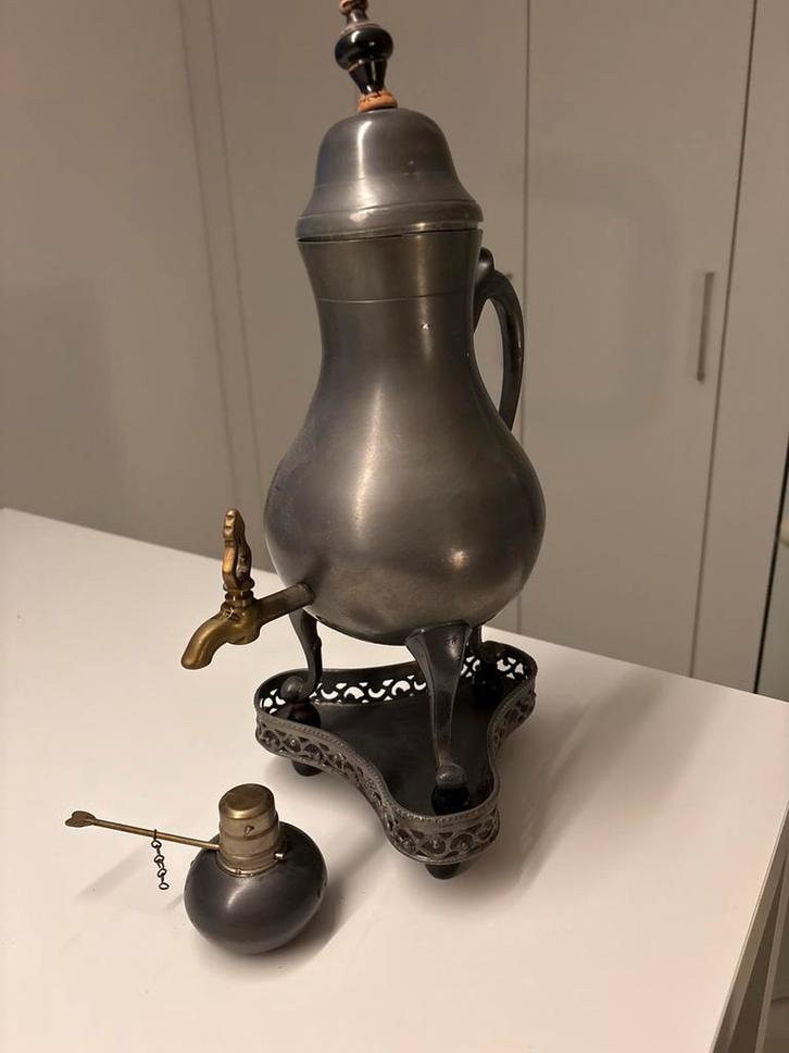 Antieke tinnen theepot / koffiepot met brander, Antiek en Kunst, Antiek | Tin, Ophalen