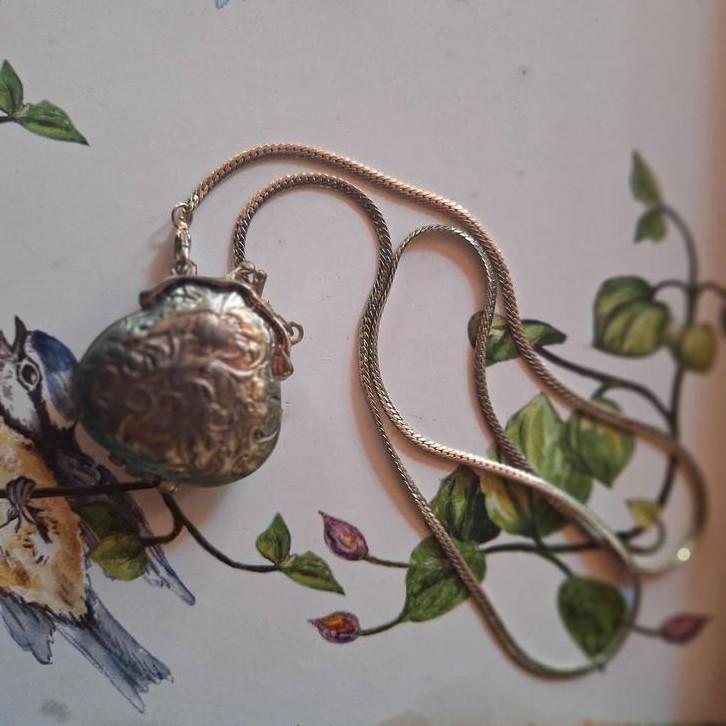 Zilver kleurige lange ketting met daaraan een buideltje., Sieraden, Tassen en Uiterlijk, Kettingen, Zo goed als nieuw, Overige materialen