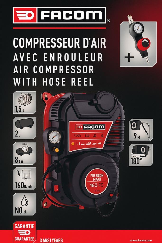FACOM Luchtcompressor met Slanghaspel – Krachtig & Compact, Doe-het-zelf en Verbouw, Compressors, Nieuw, 6 tot 10 bar, Minder dan 25 liter