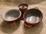 Vintage rood-oranje gevlamde emaille keuken set, Antiek en Kunst, Antiek | Emaille, Ophalen of Verzenden