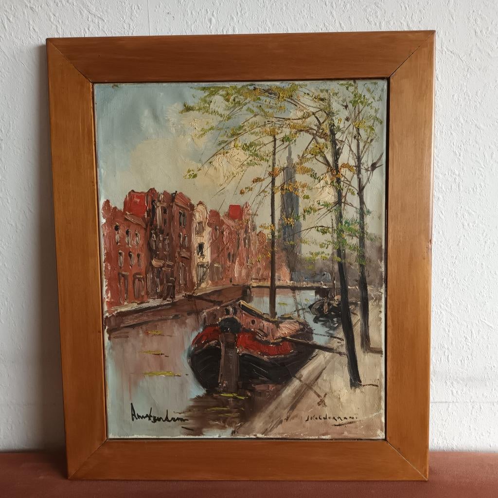 Jan Kelderman, olieverf op doek, Amsterdam, boten in gracht, Ophalen of Verzenden
