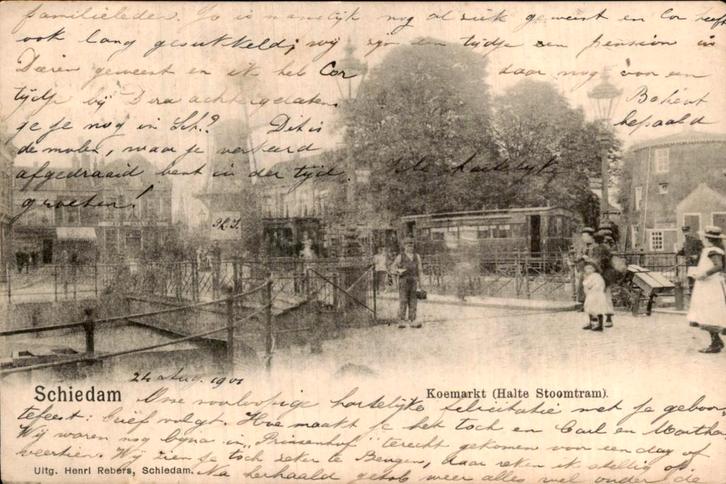 Schiedam - Koemarkt - Halte Stoomtram, Verzamelen, Ansichtkaarten | Nederland, Gelopen, Zuid-Holland, 1920 tot 1940, Ophalen of Verzenden