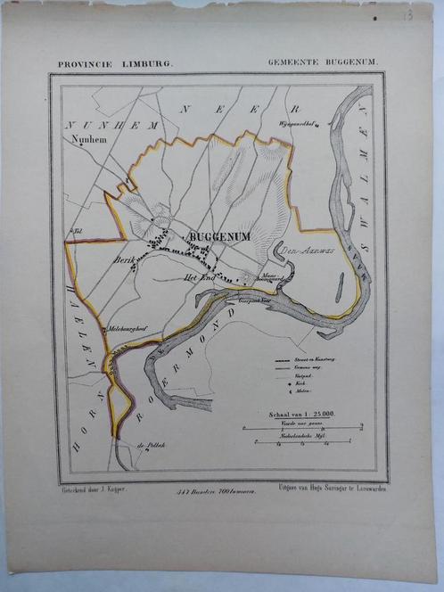 13 / Bruggenum Berik Maas Nunhem Litho uit 1866 J. Kuyper, Antiek en Kunst, Kunst | Litho's en Zeefdrukken, Ophalen of Verzenden