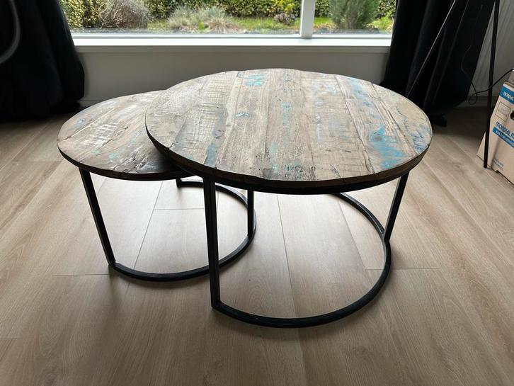 Set van 2 Bijzettafels - Hout & Metaal, Huis en Inrichting, Tafels | Salontafels, Gebruikt, Minder dan 50 cm, 50 tot 100 cm, Rond
