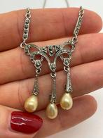 Z850 Prachtige zilveren ketting parel markasiet, Ophalen of Verzenden, Zilver, Ketting, Met edelsteen