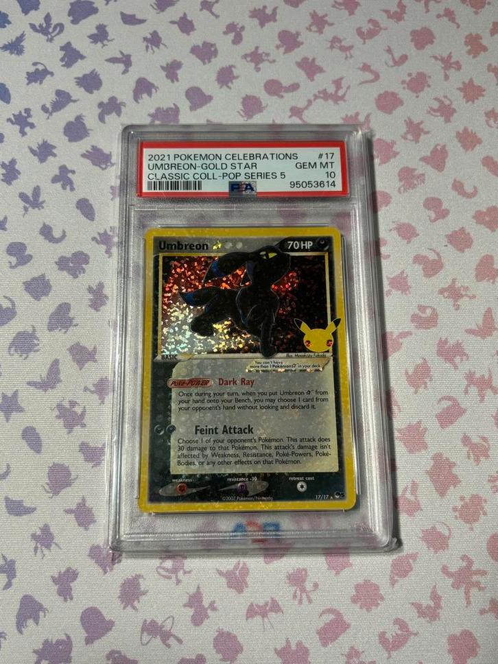 PSA 10 UMBREON GOLD STAR 17 CELEBRATIONS POP SERIES 5, Hobby en Vrije tijd, Verzamelkaartspellen | Pokémon, Verzenden