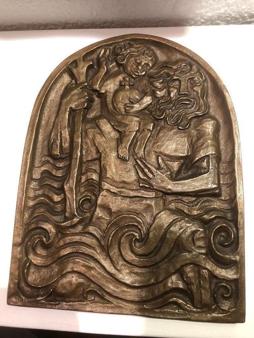 sint christoffel bronzen relief plaquette fraai kunstwerk, Antiek en Kunst, Antiek | Religie, Ophalen of Verzenden