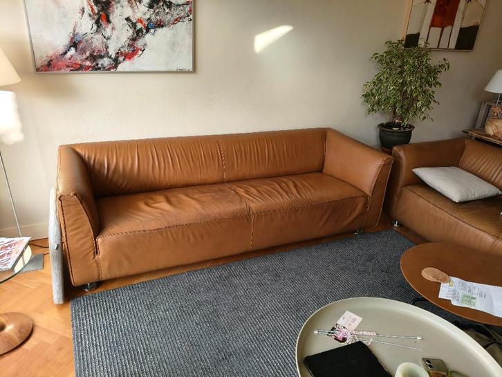 Leren driezitsbank van Gelderland (4800, kleur cognac), Huis en Inrichting, Banken | Bankstellen, Zo goed als nieuw, Rechte bank