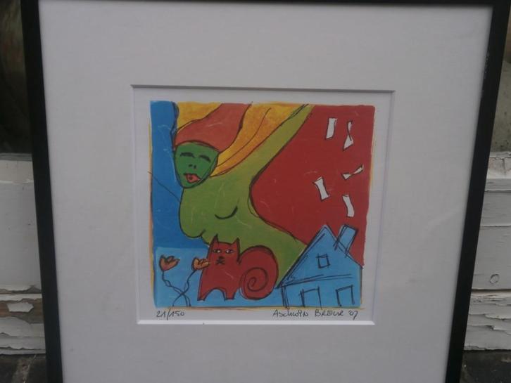 Zeefdruk, Vrouw, Poes, van Aswin Breur, Antiek en Kunst, Kunst | Litho's en Zeefdrukken, Ophalen of Verzenden