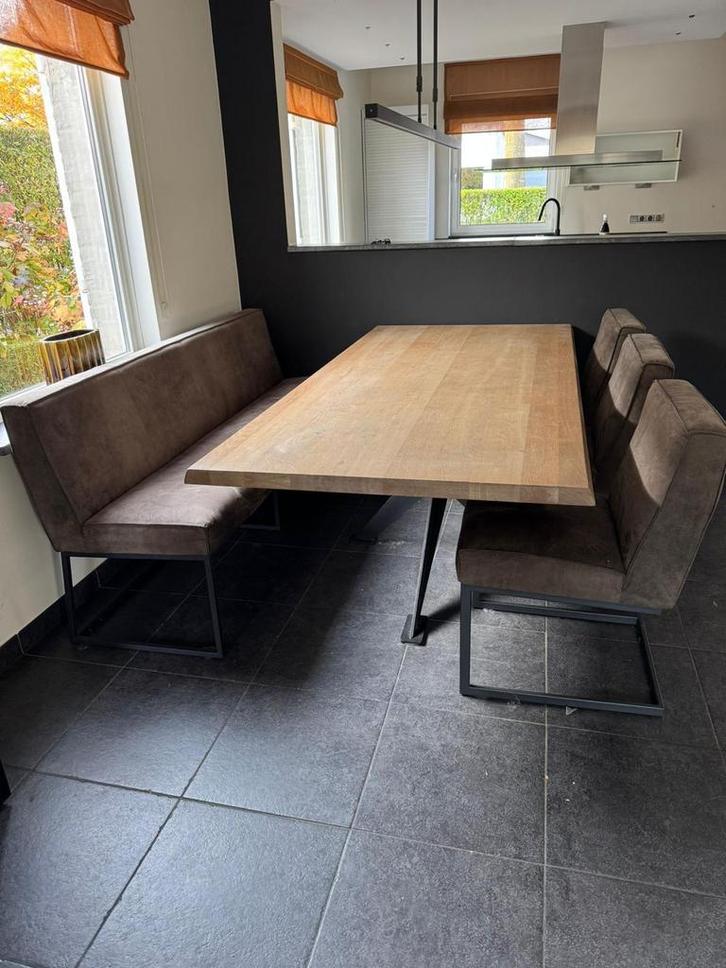 Eetkamer set: Tafel, bank & 3 stoelen, Huis en Inrichting, Tafels | Eettafels, Gebruikt, 100 tot 150 cm, 150 tot 200 cm, Vijf personen of meer