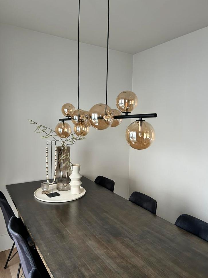 Hanglamp met 9 goud kleur glazen bollen., Huis en Inrichting, Lampen | Hanglampen, Gebruikt, Minder dan 50 cm, Glas, Ophalen
