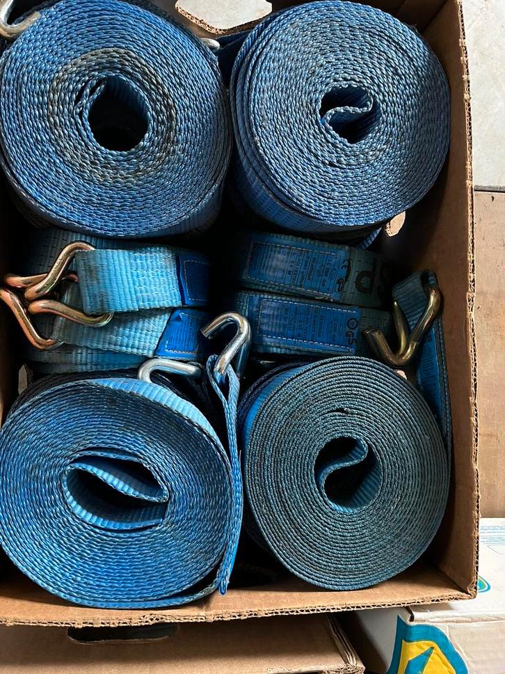 Spanbanden + ratel 9 meter 5 ton Blauw / Oranje1 x gebruikt, Auto diversen, Aanhangwagen-onderdelen, Zo goed als nieuw, Ophalen of Verzenden