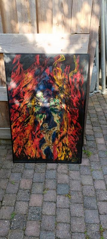 olieverf schilderij in zwarte kunststof lijst met matglas beschikbaar voor biedingen