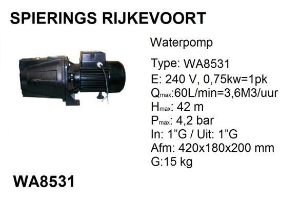 Waterpomp 0,75kw / 1pk 230V  3,6 m3/uur 4,2 bar Spierings, Tuin en Terras, Tuinslangen, Nieuw, Ophalen of Verzenden
