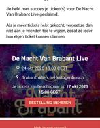 De nacht van Brabant 24 okt 2 tickets, Tickets en Kaartjes, Twee personen, Ticket of Toegangskaart