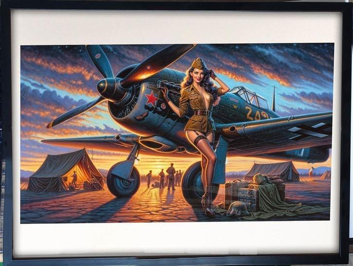 [Poster in Frame] Sexy Leger Pin up met vliegtuig, Verzamelen, Militaria | Tweede Wereldoorlog, Foto of Poster, Nederland, Verzenden