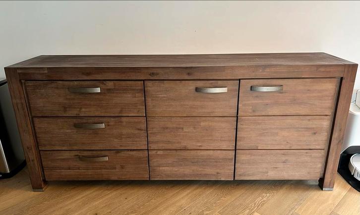 Acacia houten Dressoir, Huis en Inrichting, Kasten | Dressoirs, Gebruikt, 150 tot 200 cm, 25 tot 50 cm, Met lade(s), Met deur(en)