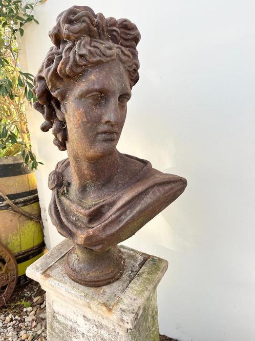 zware gietijzeren buste apollo 70 cm hoog, Tuin en Terras, Tuinbeelden, Gebruikt, Mensenbeeld, Metaal, Ophalen