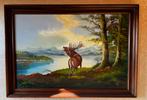 Schilderij hert in natuur met bergen en meer – 100 x 74 cm, Verzenden
