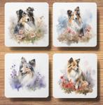 Sheltie Aquarel onderzetters met houder, Ophalen of Verzenden, Nieuw, Glas of Kopje