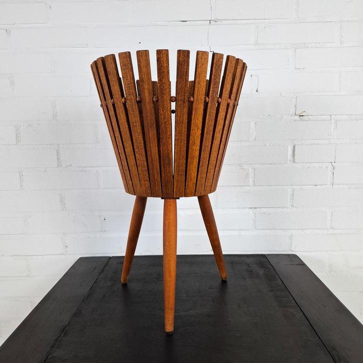 Vintage plantenbak teakhout, Tuin en Terras, Bloempotten, Gebruikt, Overige materialen, Minder dan 40 cm, Minder dan 25 cm, Rond