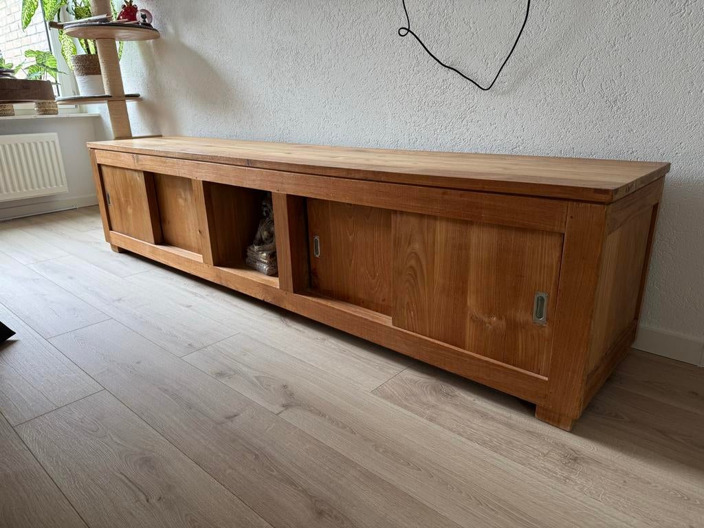 Teakhouten Dressoir met Schuifdeuren., Ophalen, Gebruikt, 150 tot 200 cm, Teakhout