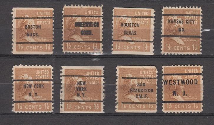 USA 8 zegels 1,5 cent precancels, Postzegels en Munten, Postzegels | Amerika, Gestempeld, Noord-Amerika, Ophalen of Verzenden