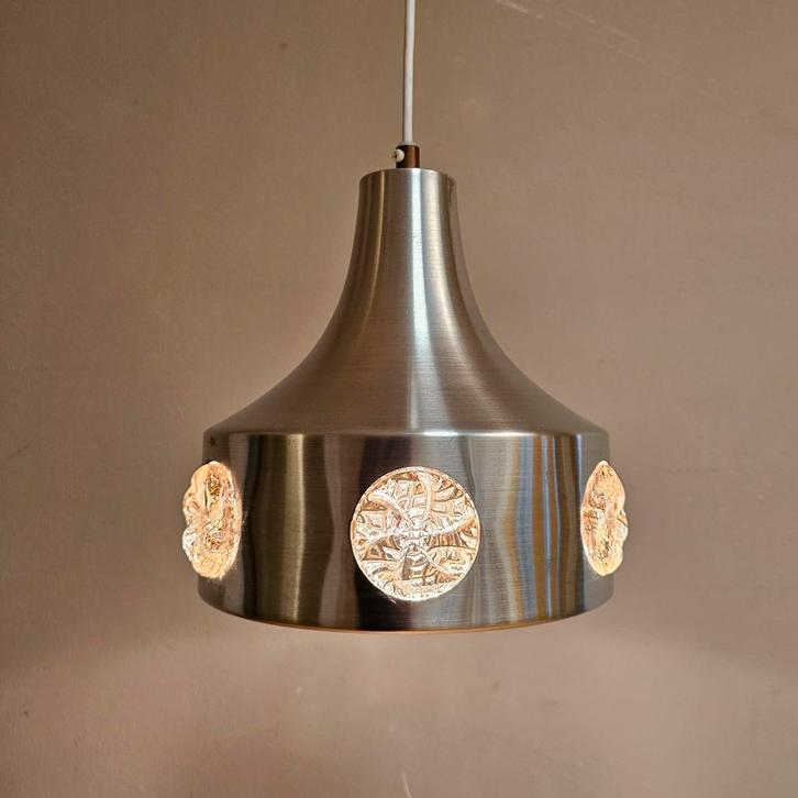 Vintage Deens Hanglamp - ophangklaar, Huis en Inrichting, Lampen | Hanglampen, Zo goed als nieuw, Minder dan 50 cm, Glas, Metaal