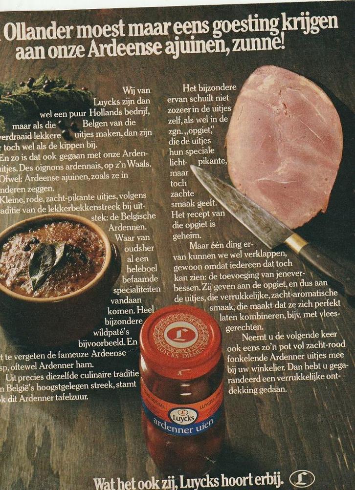Retro reclame 1975 Luycks Ardenner uien goesting krijgen, Verzamelen, Retro, Overige typen, Verzenden