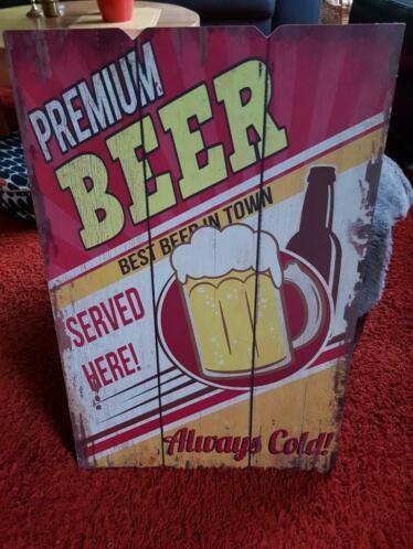 Houten Bord Premium Bier, Wandbord, Reclamebord, Biermerken., Verzamelen, Biermerken, Zo goed als nieuw, Reclamebord, Plaat of Schild