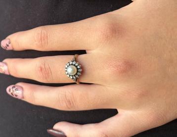 Diamanten parel 14k gouden antieke rozet ring dames zilver beschikbaar voor biedingen