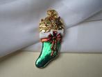 Broche kerst kerstsok  groen emaille/ poezen, Verzenden, Zo goed als nieuw