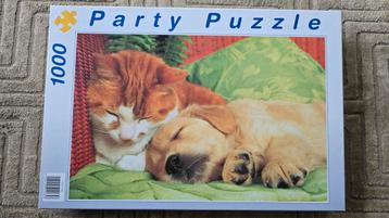 Puzzel: 1000 stukjes - Golden Retriever puppy en rode kat beschikbaar voor biedingen