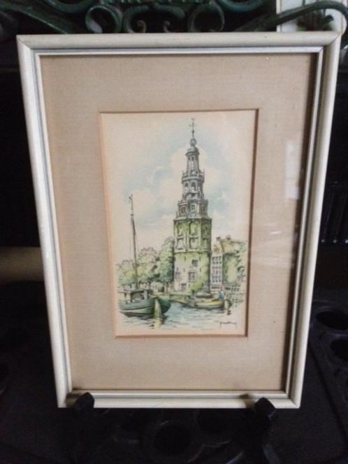 Litho en aquarel van de Montelbaanstoren en Munttoren, Antiek en Kunst, Kunst | Litho's en Zeefdrukken, Verzenden