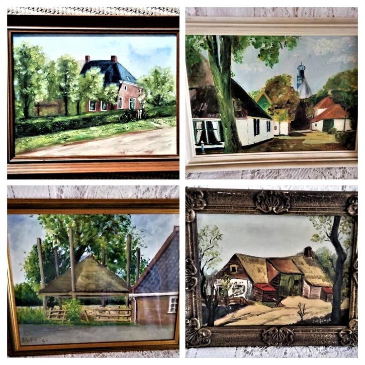 Klassiek schilderij boerderij dorp gesigneerd schilderijen, Antiek en Kunst, Kunst | Schilderijen | Klassiek, Ophalen of Verzenden