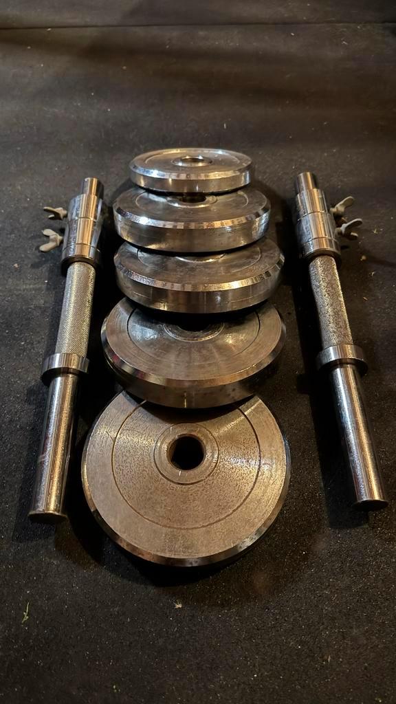 Verstelbare dumbell set met halterschijven, Sport en Fitness, Fitnessmaterialen, Gebruikt, Halterset, Armen, Ophalen of Verzenden