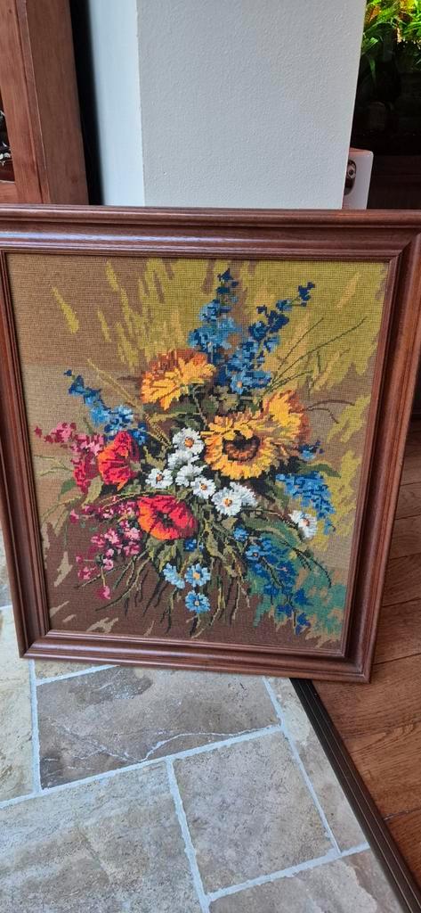 Vintage Geborduurd Bloemen Schilderij - 55x80cm, Antiek en Kunst, Kunst | Schilderijen | Klassiek, Ophalen of Verzenden
