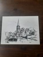 Pen tekening. Kerk, bomen, water, boot., Antiek en Kunst, Ophalen of Verzenden