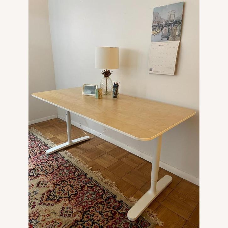 IKEA BEKANT Bureau eiken/wit 160x80, Huis en Inrichting, Bureaus, Gebruikt, Bureau, In hoogte verstelbaar, Ophalen