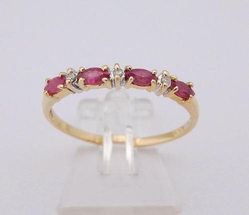14 karaat Gouden Alliance Rij - Ring 3 Diamanten en Robijn, Sieraden, Tassen en Uiterlijk, Ringen, Nieuw, Dame, 18 tot 19, Goud