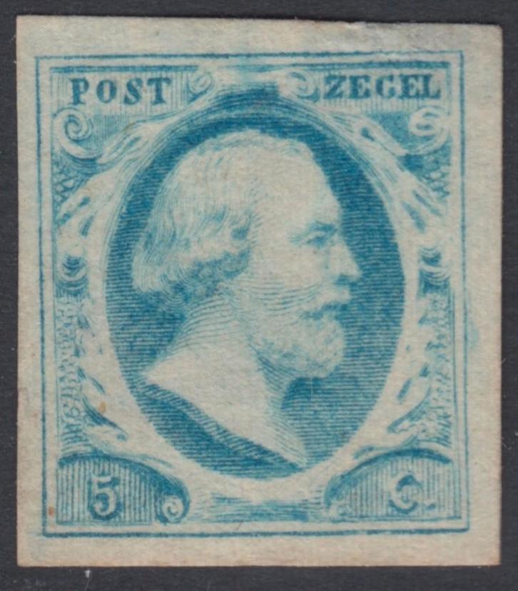 Willem III , 1852 , nvph 1 , 5 cent blauw , ongestempeld, Postzegels en Munten, Postzegels | Nederland, Verzenden
