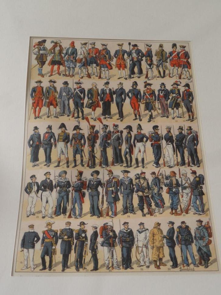 litho militairen kleding mode 17e eeuw tot WOI bombled 1920, Antiek en Kunst, Kunst | Litho's en Zeefdrukken, Verzenden