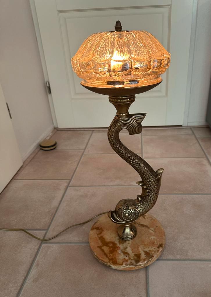 Antieke Dolfijn  Lamp met Marmeren Voet en Gouden Afwerking, Huis en Inrichting, Lampen | Tafellampen, Zo goed als nieuw, Ophalen